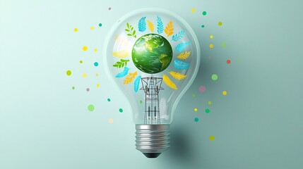 Poster - Transparent lightbulb with a miniature Earth inside surrounded by radiating leaves in green yellow and blue colors against a dotted and colorful background