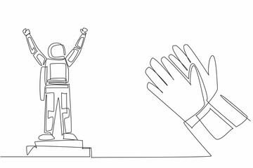 Sticker - Single continuous line drawing astronaut standing on champions podium. The culmination of a successful space mission. Triumph. Clap. Employee Appreciation Day. One line design vector illustration