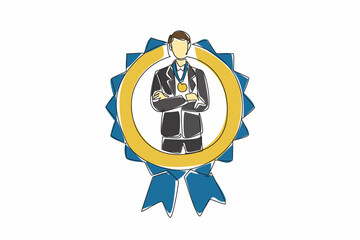 Wall Mural - Single one line drawing man in suit and tie crossed arm on chest while medal around neck. Achieve remarkable success. Level up. Employee Appreciation Day. Continuous line design graphic illustration