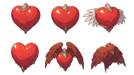 Poster - Various heart icons in fantasy style, featuring wings and vibrant red colors, evoke sense of whimsy and romance
