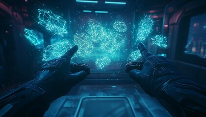 Poster - A futuristic scene with glowing blue particles emanating from gloved hands, suggesting a sci-fi or virtual reality interaction.