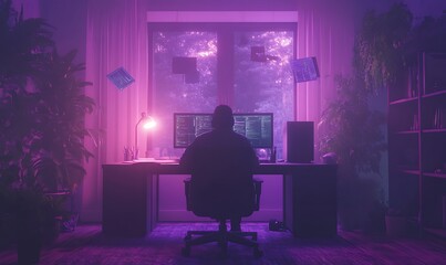 Aufkleber - A silhouette of a person at a computer, surrounded by plants, with a glowing purple light illuminating the room and a mystical ambiance outside the window.