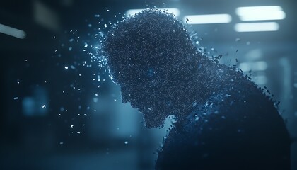 Poster - A digital silhouette of a human figure composed of particles, suggesting themes of identity, transformation, and technology in a futuristic environment.