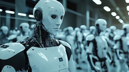 a close-up of a humanoid robot's face, with other robots in the background.