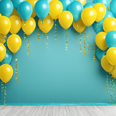 Wall Mural - yellow and blue balloons with confetti on blue wall background