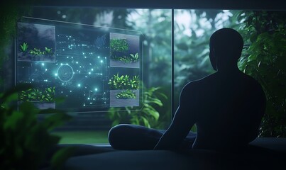 Aufkleber - A figure sits surrounded by greenery, gazing at a holographic display showcasing digital plants and glowing elements, blending nature with technology.