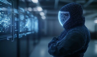 Fototapete - A futuristic figure in a hooded suit observes glowing digital screens, embodying advanced technology and cyber themes in a dark, high-tech environment.