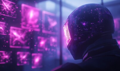 Poster - A futuristic figure with a glittering helmet gazes at vibrant, digital displays in a neon-lit environment, blending technology and artistry.
