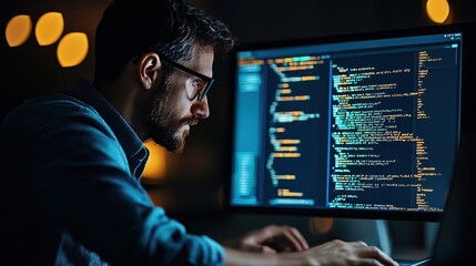 A focused programmer writes code at a computer, illuminated by screen light in a dimly lit room, highlighting the intensity of coding and technology.