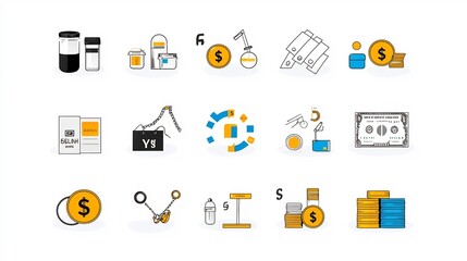 Aufkleber - Minimalist Collection of 15 Linear Icons Focused on Coins Dollars Euros and Yen Symbols in a Simple Line Art Style  Graphic Design Elements for Financial Business and Banking Concepts