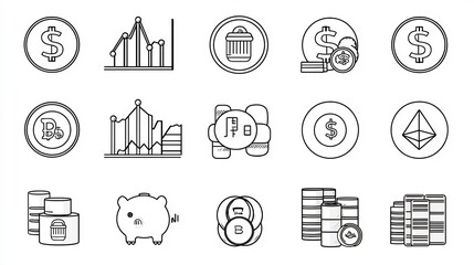 Aufkleber - Outline icon set featuring 15 coin related symbols including piggy banks investment coins and round tokens designed in a style with editable stroke for use in banking finance