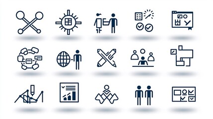 Aufkleber - Collection of 15 linear icons symbolizing group tasks and joint partnership efforts  Clean depicting symbols of teamwork communication and workflow organization