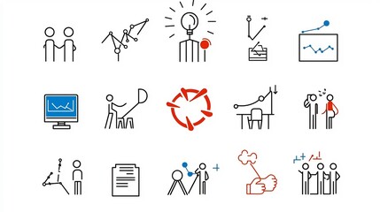 Aufkleber - Outline icon set of 15 symbols depicting various team engagement concepts such as trust motivation and joint problem solving