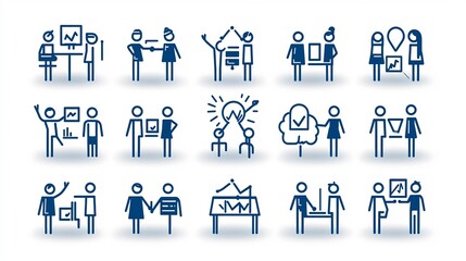 Leinwandbilder - Outline icon set of 15 symbols showcasing various aspects of team engagement including trust motivation and joint problem solving
