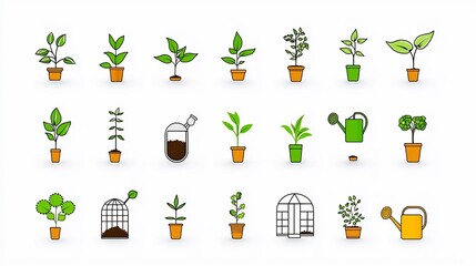 Poster - Collection of 15 botanical themed icons in a minimalist outline style showcasing essential elements like greenhouse soil watering can and other nature inspired objects for gardening horticulture