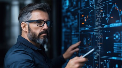 In a sleek office space, a man with a beard and glasses examines complex digital data on a large touchscreen, using a stylus to interact with the information in the evening