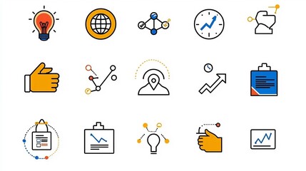 Poster - Collection of 15 linear icons focused on corporate elements featuring icons for hierarchy target goals and handshake agreements