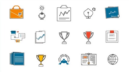 Poster - Comprehensive icon set of 15 symbols representing various aspects of corporate success including trophy portfolio organizational chart and more in a clean and modern style with editable stroke widths
