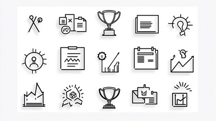 Poster - A clean modern icon set featuring 15 symbols that represent the key elements of corporate success including a trophy for achievement a portfolio for strategy