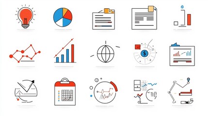 Aufkleber - This comprehensive set of 15 thin line icons covers a wide range of corporate concepts including financial reports workflow management and employee engagement