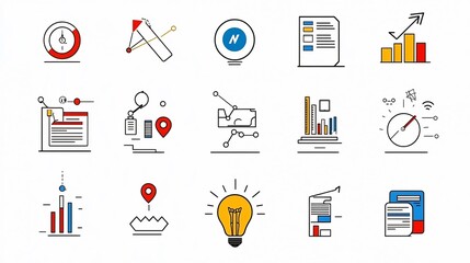 Poster - A set of 15 linear icons illustrating various aspects of corporate work culture including symbols for deadlines team company achievements presented in a simple style