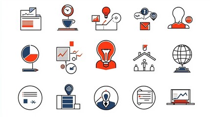 Poster - A set of 15 simple icons illustrating various aspects of corporate work culture including team deadlines and company achievements  These minimalist symbols can be used in business presentations