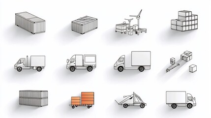 Poster - Set of 15 minimalist outline icons representing various aspects of logistics and transport services including delivery van shipping container and warehouse in a clean style with editable strokes