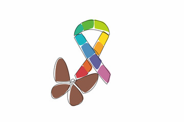 Poster - Single continuous line drawing colorful campaign ribbon with large butterfly under the ribbon tip. Awareness campaigns. Hope. Inspiration. Zero Discrimination Day. One line design vector illustration