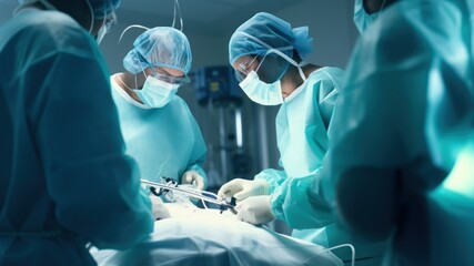 Sticker - Photo of medical doctors performs surgical operation in modern operating room , copy space.