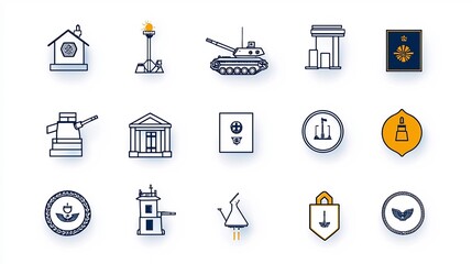 Aufkleber - Outline icon set of 15 military symbols including command post tank and army badge in style with editable stroke  This set features various military elements and equipment like weapons tactical gear