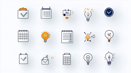 Leinwandbilder - A collection of 15 minimalist outline style icons focused on task management elements such as calendar checklist and teamwork  These versatile graphics are designed for business organization