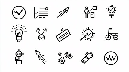 Aufkleber - Set of 15 Linear Icons Illustrating Action Plan Processes with Symbols for Task Priority Resource Allocation and Timeline in a Simple Style