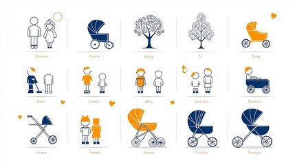 Fototapete - Collection of 15 minimalist outline style icons representing various family related concepts such as parents children siblings baby strollers and family trees for use in graphic design projects
