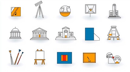 Fototapete - A collection of 15 minimalist linear icons that capture the essence of the art world featuring a museum building canvas and various architectural elements