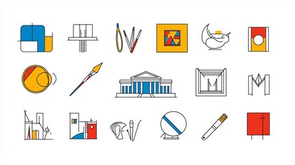 Aufkleber - Collection of 15 linear icons focused on the art world featuring museum building canvas and architectural elements in a simple line style