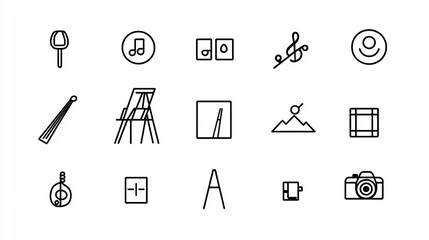 Fototapete - Minimalist Featuring a Collection of 15 Linear Icons Representing Various Art Forms and Creative Disciplines Including Symbols for Easel Music Notation and Photography Equipment
