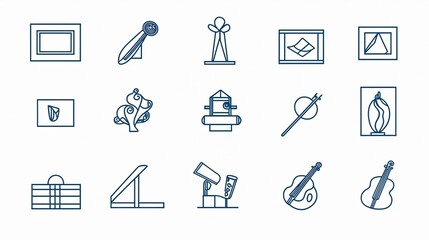 Poster - Outline Icons Collection Featuring Galleries Sculptures and Musical Instruments for Art Related Designs and Creative Projects