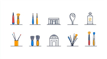 Aufkleber - Elegant set of 15 thin line icons showcasing expression featuring brushes museum artifacts and architectural details in a style  Ideal for creative cultural and educational concepts