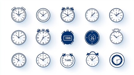 Leinwandbilder - A set of 15 clean and modern outline icons representing various clock and timer symbols for digital user interfaces and applications  These icons include analog and digital clock faces