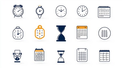 Leinwandbilder - Collection of 15 outline style icons for time tracking and countdown features focusing on minute counter weekly calendar and hourglass symbol in a minimalist design