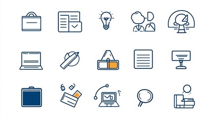 Poster - Collection of 15 linear icons focused on learning and development featuring icons for course materials seminar and distance learning in a simple line style