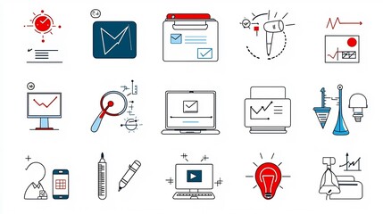 Aufkleber - Set of 15 clean and modern outline icons representing various elements of training education and e learning including online test webinar and other digital learning symbols