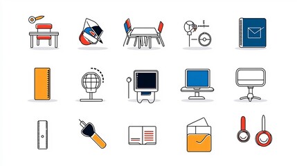 Poster - Set of 15 educational icons in minimalist outline style featuring online classroom e learning platform and study materials  Editable stroke for digital graphics user interface and web design