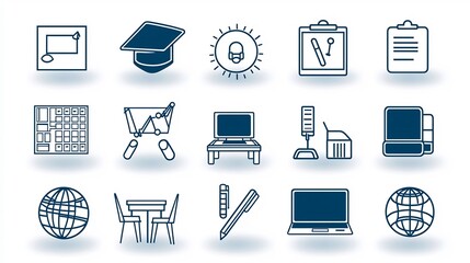 Fototapete - A set of 15 education related icons in minimalist outline style featuring elements like online classroom e learning platform and study materials  The editable is perfect for digital education