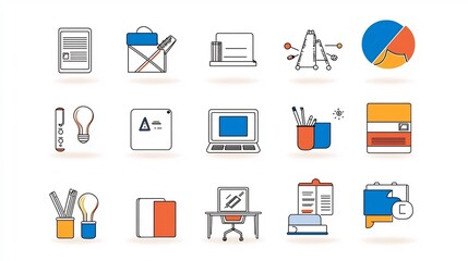 Fototapete - Set of 15 minimalist outline style icons representing various education related elements such as online classroom e learning platform and study materials