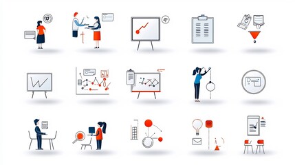 Leinwandbilder - Set of 15 thin line icons depicting various elements related to training learning and educational settings including a seminar teacher and digital whiteboard