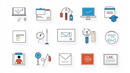 Fototapete - Set of 15 linear icons illustrating various education and training themes including symbols for live class sessions online training programs and digital certificates or diplomas