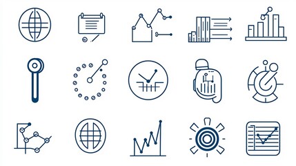 Aufkleber - Set of 15 clean and minimalist outline icons representing various statistical elements such as data graphs optimization tools and survey symbols for business analytics and data visualization purposes