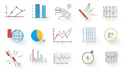 Fototapete - Collection of 15 Linear Icons Focused on Statistics Featuring Icons for Data Analysis Survey Results and Price Charts in a Simple Line Style for Business and Finance Data Visualization