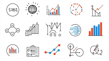 Leinwandbilder - A set of 15 minimalist icons representing various statistics and data visualization concepts including bar charts data optimization trend analysis and other related digital graphics for business